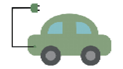 Pixel electric car like in game, green vehicle with charger, nature and planet care concept, cartoon style car for games and websites, kids pixel car on white background, computer interface