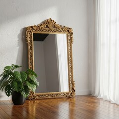 Ornate antique gold framed mirror with a lush green potted plant isolated on white background