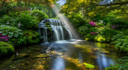 Fototapeta premium Serene Waterfall in Lush Green Forest Landscape with Sunlight