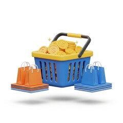 A blue and yellow shopping basket overflowing with golden coins surrounded by orange and blue shopping bags isolated on white background