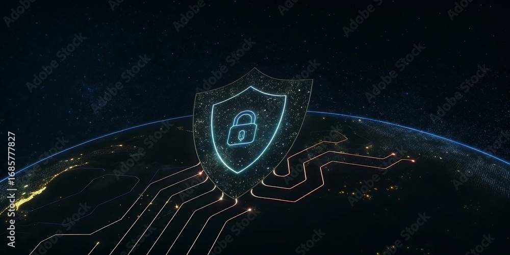 Poster cybersecurity shield with digital lock and futuristic circuit background.
