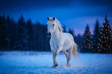 White horse running through snowy winter field with Christmas trees and lights in the background.