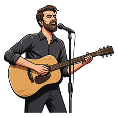 Obraz premium Male singer playing acoustic guitar with microphone stand vector illustration in casual clothing performing music on stage 
