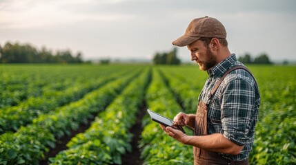 Farmer using tablet to monitor crop health in expansive green field during late afternoon