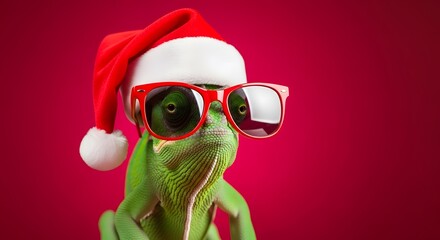 A funny green chameleon wearing a red santa hat and red sunglasses, posing against a vibrant pink background for a festive holiday or christmas theme