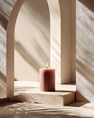 Elegant minimalist candle with soft shadows in modern archway setting