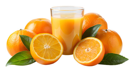 Freshly squeezed orange juice in a glass surrounded by whole and halved oranges isolated on transparent background, a vibrant and healthy drink option