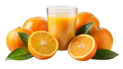 Freshly squeezed orange juice in a glass surrounded by whole and halved oranges isolated on transparent background, a vibrant and healthy drink option