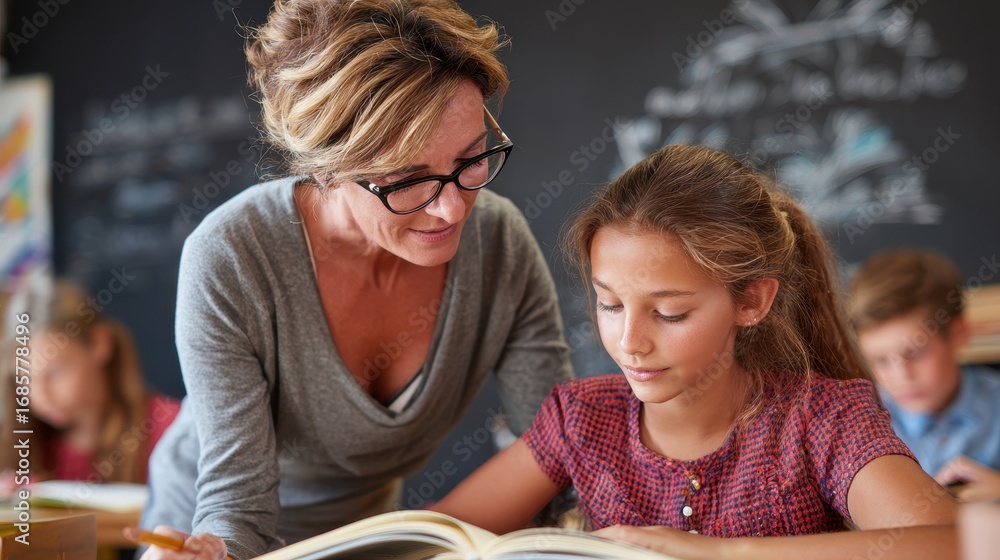 Poster teacher assists student with reading in a classroom filled with engaged learners in afternoon study 