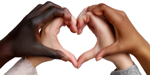 Two hands forming a heart shape, diverse skin tones