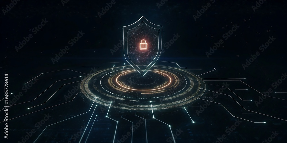 Poster cybersecurity shield with digital lock and futuristic circuit background.