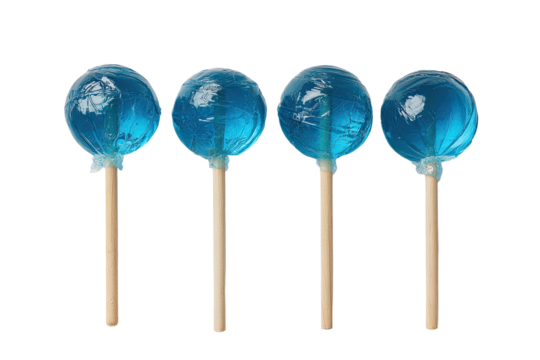 Four vibrant blue round lollipops on wooden sticks against a black background.  The lollipops' smooth, translucent surface displays subtle, light-colored patterns
