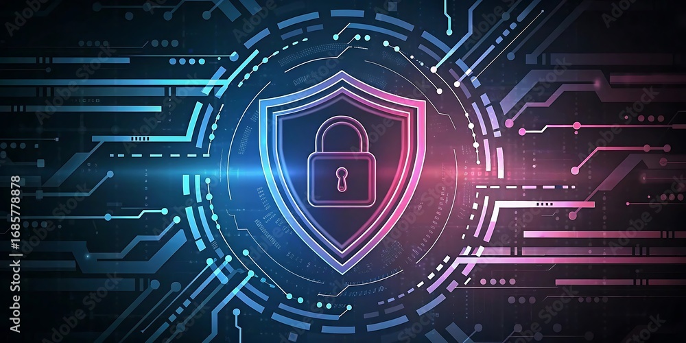 Poster cybersecurity shield with digital lock and futuristic circuit background.