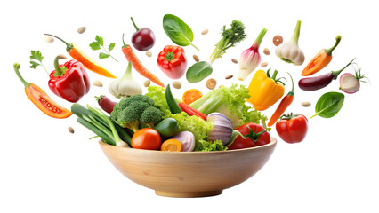 A wooden bowl filled with an array of fresh vegetables isolated on transparent background, representing a healthy and balanced diet with various ingredients