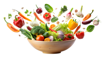 A wooden bowl filled with an array of fresh vegetables isolated on transparent background, representing a healthy and balanced diet with various ingredients