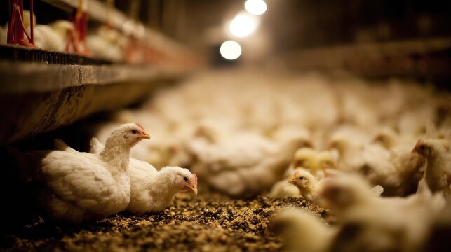 Medium shot showcasing a mixed flock feeding from an automated system focusing on the feeder mechanism with chickens softly out of focus behind.