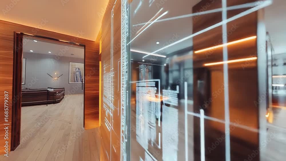 Poster modern interior design corridor with futuristic blueprint displaying on transparent screen