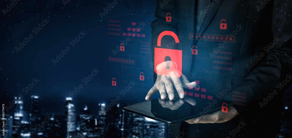 Poster digital security concept illustrating a cybersecurity breach, with a red unlocked padlock indicating