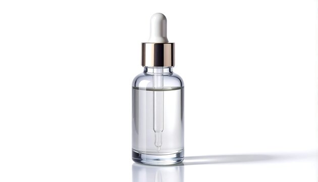 Clear liquid serum in a glass dropper bottle against a white background - Powered by Adobe