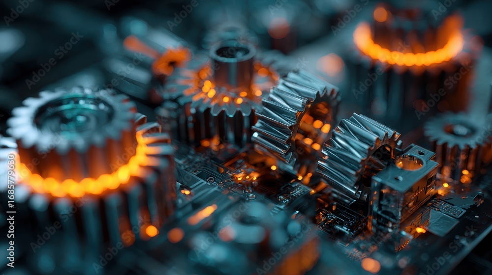 Poster intricate gears and circuits create a vibrant display of technology in a close-up view