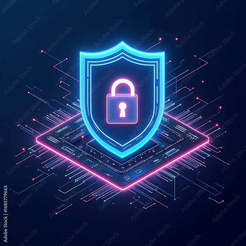 Poster cybersecurity shield with digital lock and futuristic circuit background.
