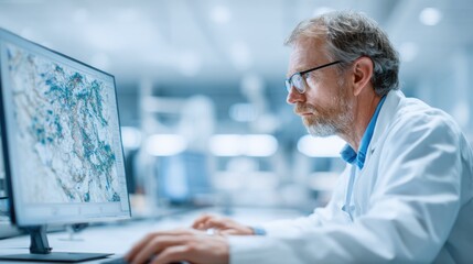 Scientist working with digital map on computer