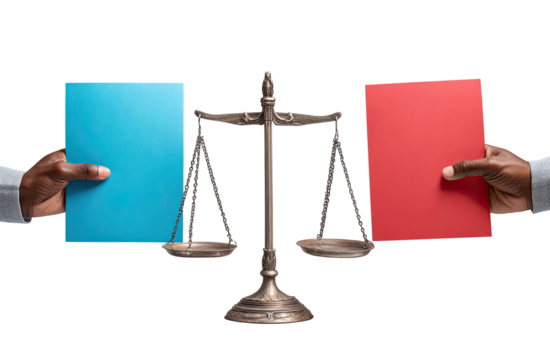 Two hands hold books of contrasting colors, blue and red, balanced on a scale of justice
