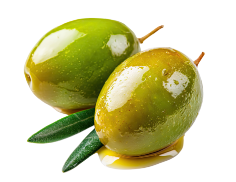Two glistening green olives with olive oil, close-up