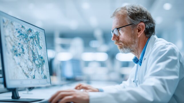 Scientist working with digital map on computer
