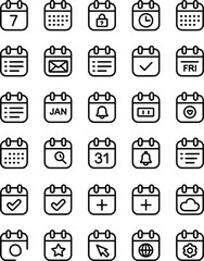 Calendar icons set, schedule event planner reminder icons, date management vector, time organization task appointment symbol, digital interface design illustration