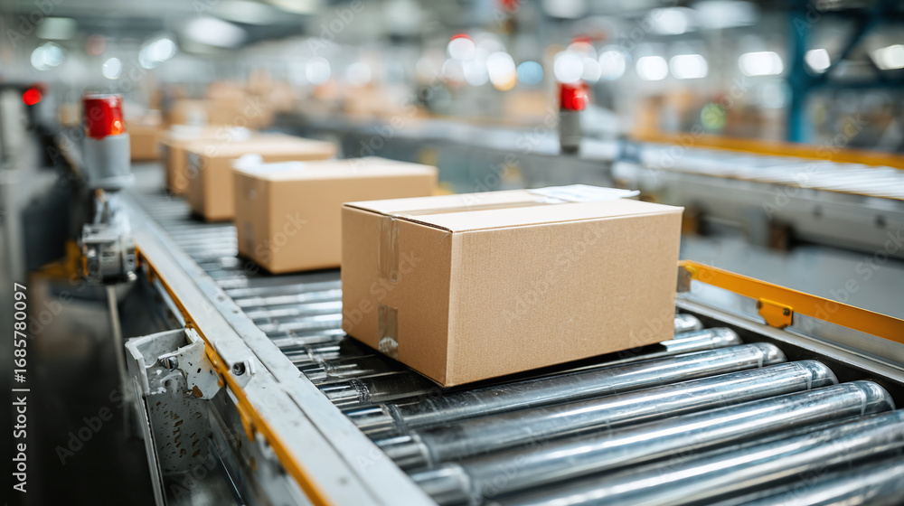 Poster packages moving along a conveyor belt in a warehouse setting. automated logistics operations showing