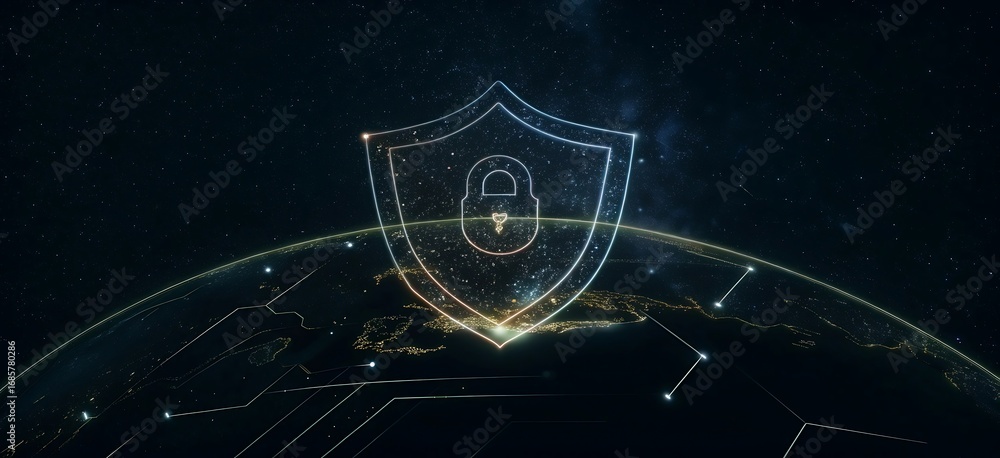 Poster cybersecurity shield with digital lock and futuristic circuit background.