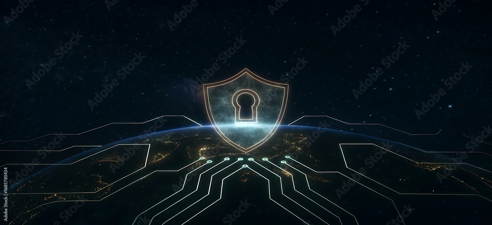 Poster cybersecurity shield with digital lock and futuristic circuit background.