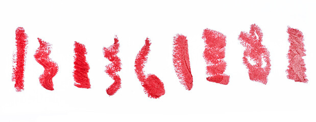 Strokes made with red lipstick. The strokes have uneven texture and jagged edges, isolated...