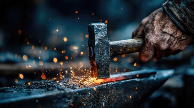 Blacksmith striking glowing iron with hammer in workshop