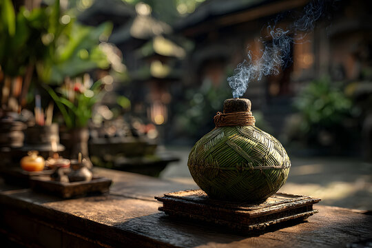 Botol arak Bali berbalut anyaman daun kelapa muda, dletakkan di altar kecil degan dupa menyala, latar beakang pura dan sinar matahri pagi, sangat detail danatmosferik