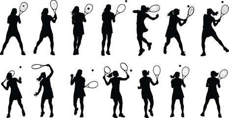 Vector silhouettes of female tennis player in fourteen dynamic poses with racket and ball, showing athletic movement, technique, and sports action