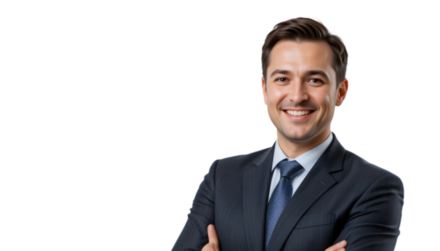 Smiling businessman with arms crossed isolated on transparent background, portrait