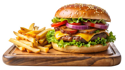 Gourmet cheeseburger with beef, cheddar, lettuce, tomato, and onion, served with crispy french fries isolated on transparent background