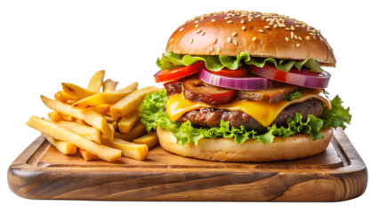 Gourmet cheeseburger with beef, cheddar, lettuce, tomato, and onion, served with crispy french fries isolated on transparent background