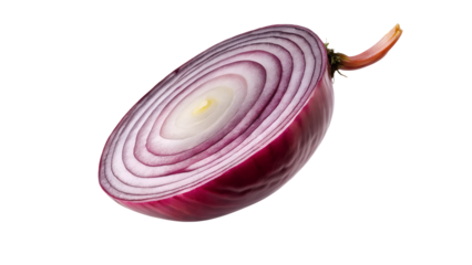 A vibrant half of a red onion showcasing its concentric layers and texture, isolated on transparent background