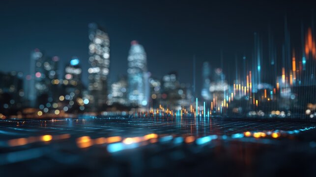 City skyline with vibrant digital data visualization at night showcasing financial trends and market analysis