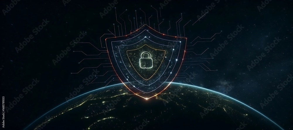 Poster cybersecurity shield with digital lock and futuristic circuit background.