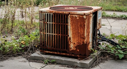 Fototapeta premium Old rusty air conditioner unit sitting on concrete pad outdoors