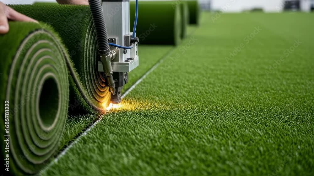 Poster concept showing synthetic turf crossseam welding from raw material alignment to finished joined surf