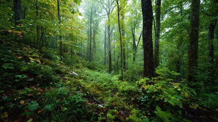 Obraz premium Lush green forest landscape capturing tranquility during foggy morning in nature