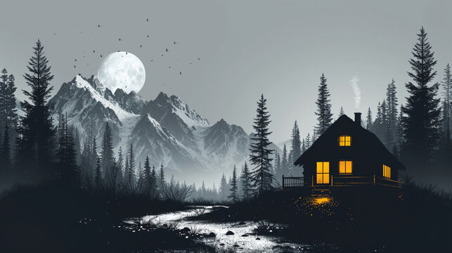 de invierno, casa, nieve, navida, noche, paisaje, cielo, &aacute;rbol, luna, montagna, halloween, pueblo, ilustraci&oacute;n