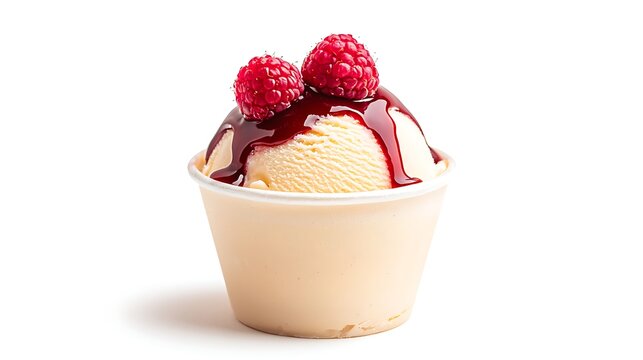 Delicious vanilla ice cream cup topped with raspberries and chocolate sauce