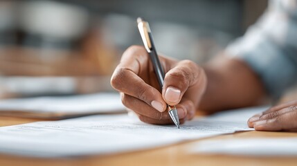 Hand holding a pen signing a document. The image focuses on the writing process with shallow depth of field, enhancing the focus on the signature.