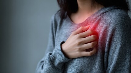 Chest Pain: Person Holding Their Chest. Possible heart issue, muscle sprain, or general illness. Gray wall in the background adds to the seriousness.
